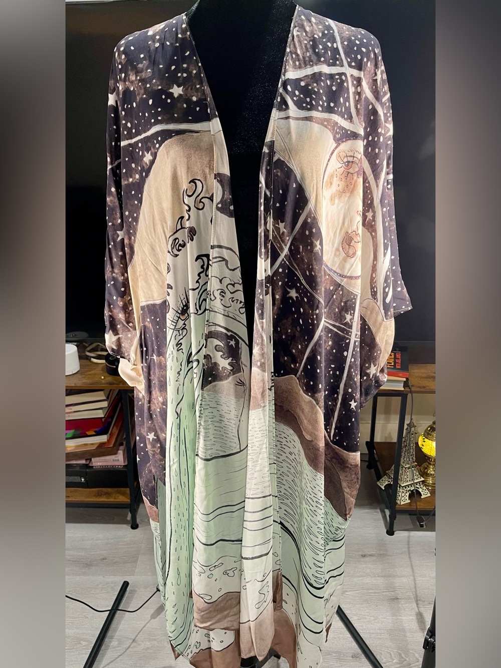 Celestial Print Longline Open Front Kimono - Black, Cream & Mint - Picture 7 of 7